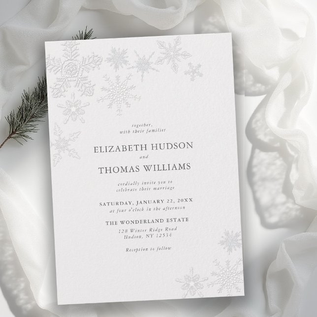 Winter Snowflake Wonderland Modern Classic Wedding Invitation (winter wedding invitation modern classic minimalist snowflake snow frost wonderland elegant romantic)