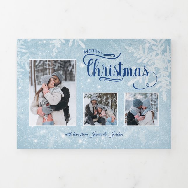 Winter Snowflakes 3-Photo Merry Christmas Script Tri-Fold Holiday Card (Cover)