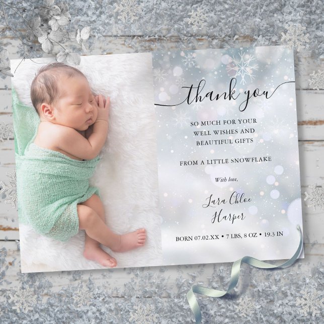 Winter Snowflakes Baby Photo Thank You Birth Announcement Postcard (Winter Snowflakes Baby Photo Thank You Birth Announcement Postcard)
