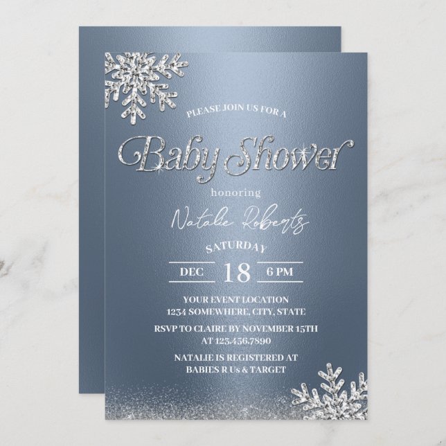 Winter Snowflakes Baby Shower Modern Dusty Blue Invitation (Front/Back)