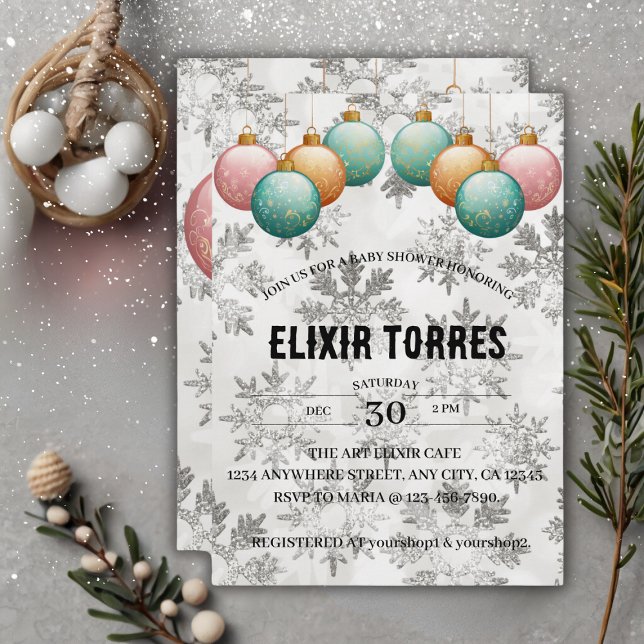 Winter Snowflakes Balls Ornaments Baby Shower Invitation (Creator Uploaded)