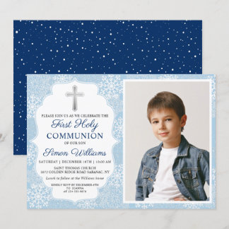 Winter Snowflakes Blue First Holy Communion Photo Invitation