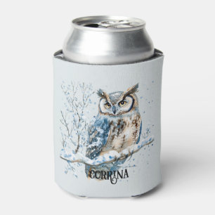 Winter Snowflakes Blue Owl Christmas Snow Can Cooler