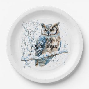 Winter Snowflakes Blue Owl Christmas Snow Paper Plate