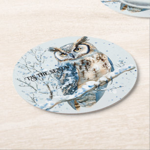 Winter Snowflakes Blue Owl Christmas Snow Round Paper Coaster