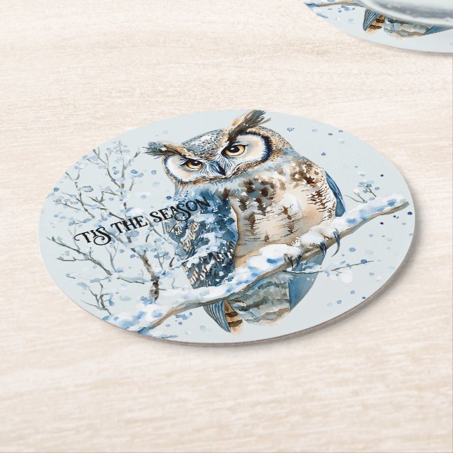 Winter Snowflakes Blue Owl Christmas Snow Round Paper Coaster (Angled)