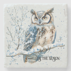 Winter Snowflakes Blue Owl Christmas Snow Stone Coaster