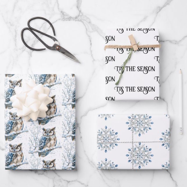 Winter Snowflakes Blue Owl Christmas Snow Wrapping Paper Sheet (Front)