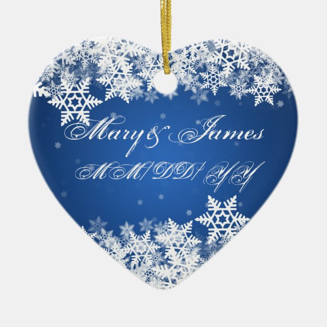 Winter Snowflakes Blue Wedding Favour Sapphire Ceramic Tree Decoration (Front)