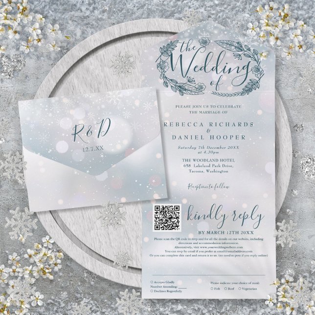 Winter Snowflakes Boho Floral QR Code Wedding All In One Invitation (Winter Snowflakes Boho Floral QR Code Wedding All In One Invitation)