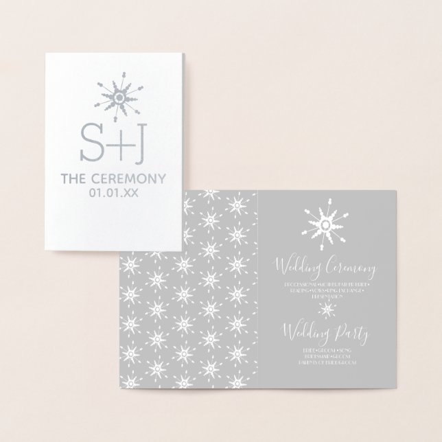 Winter Snowflakes Ceremony Wedding Program Silver Foil Card (Display)