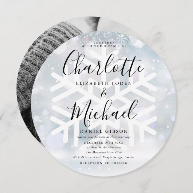 Winter Snowflakes Circular Photo Wedding Invitation (Front/Back)