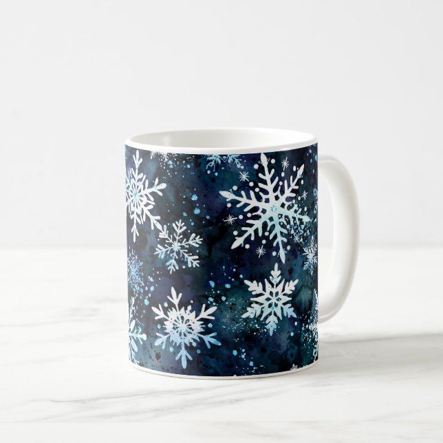 Winter Snowflakes Deep Blue Magical Night Coffee Mug (Front Right)
