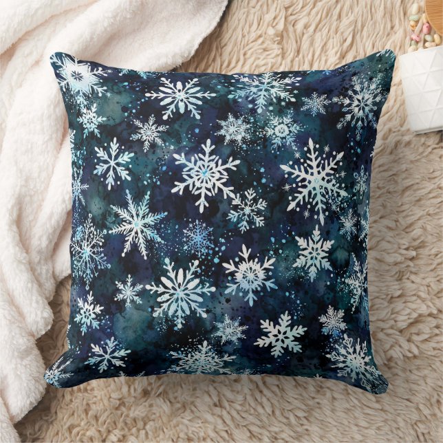 Winter Snowflakes Deep Blue Magical Night Cushion (Blanket)