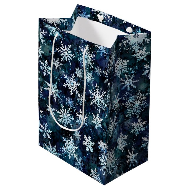 Winter Snowflakes Deep Blue Magical Night Medium Gift Bag (Front Angled)