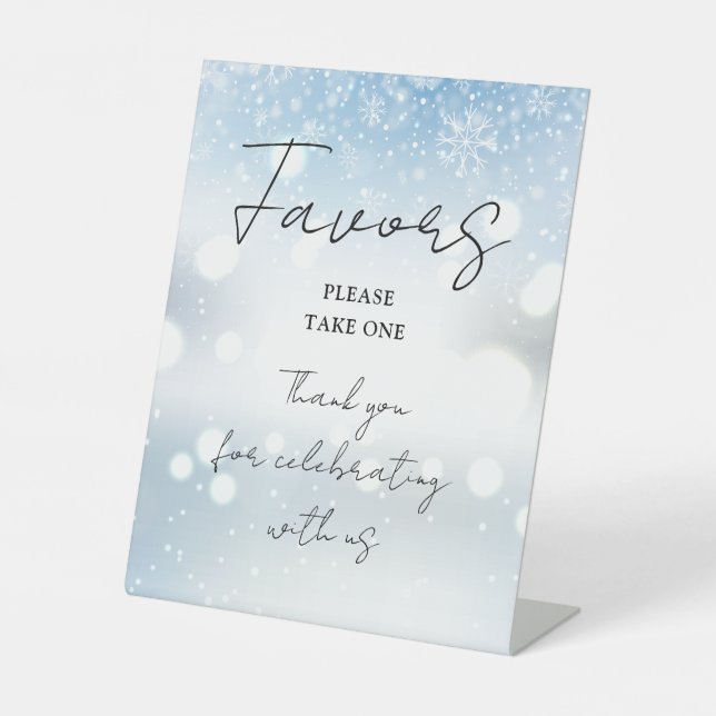 Winter Snowflakes Elegant Script Favours Pedestal Sign (Front)