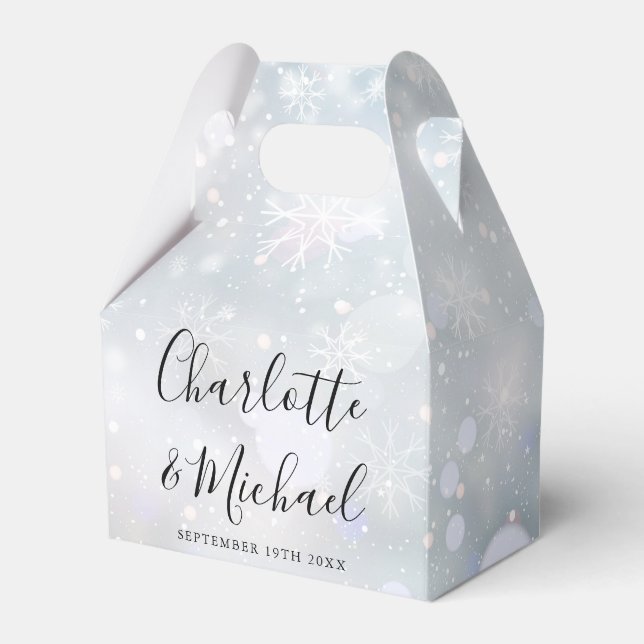 Winter Snowflakes Elegant Signature Script Wedding Favour Box (Front Side)