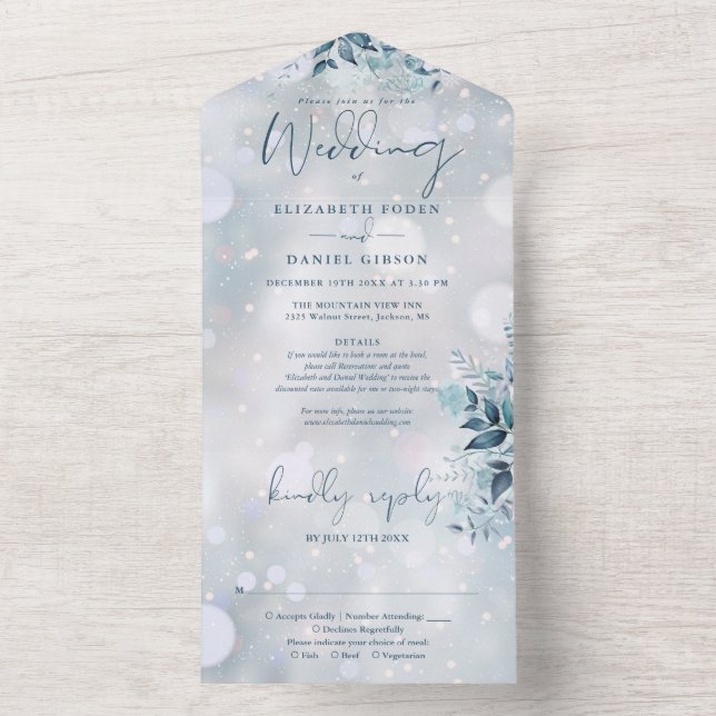 Winter Snowflakes Floral Details RSVP Wedding All In One Invitation (Inside)