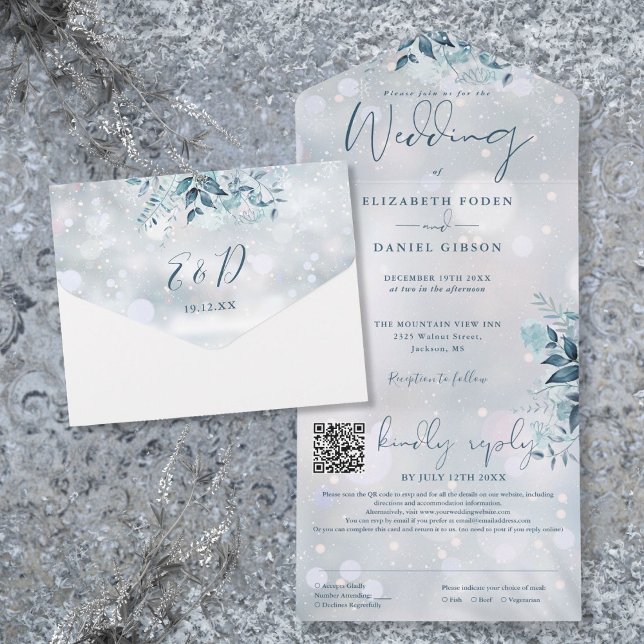Winter Snowflakes Floral QR Code Wedding All In One Invitation (Winter Snowflakes Floral QR Code Wedding All In One Invitation)