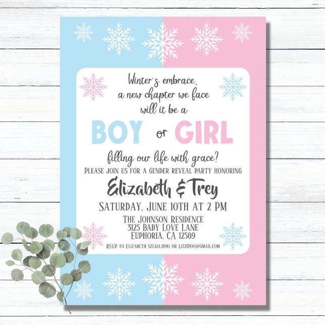 Winter Snowflakes Gender Reveal Invitation (A simple snowflake themed invitation for a winter gender reveal.)