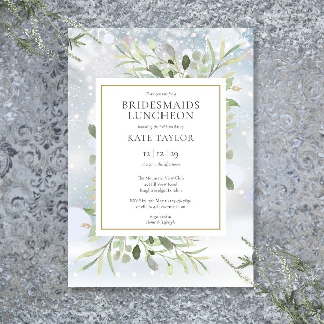 Winter Snowflakes Greenery Bridesmaids Luncheon Invitation (Winter Snowflakes Greenery Bridesmaids Luncheon Invitation)