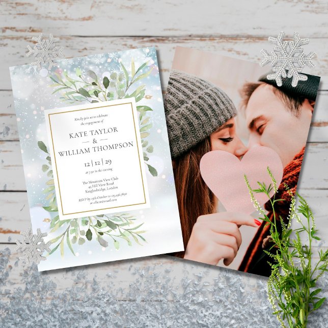 Winter Snowflakes Greenery Photo Engagement Invitation (Creator Uploaded)