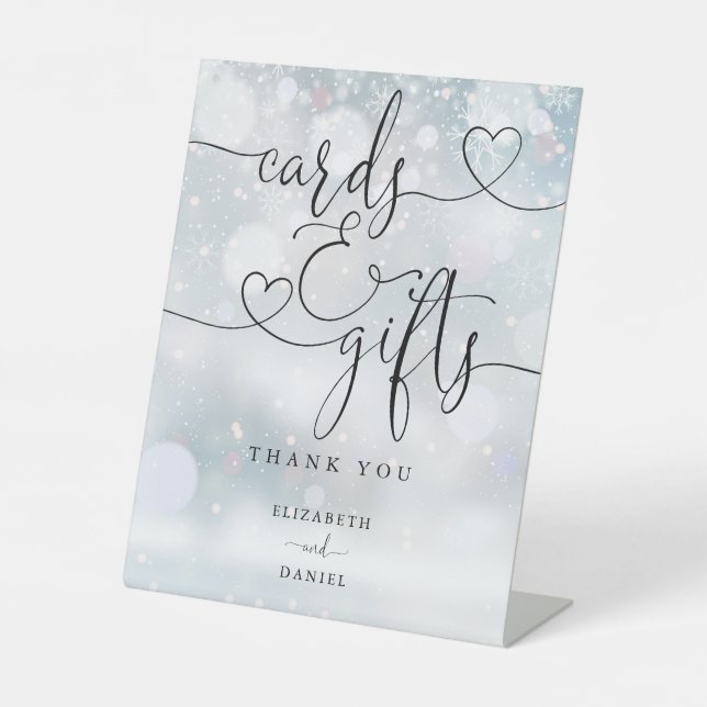Winter Snowflakes Heart Script Cards And Gifts Pedestal Sign (Front)