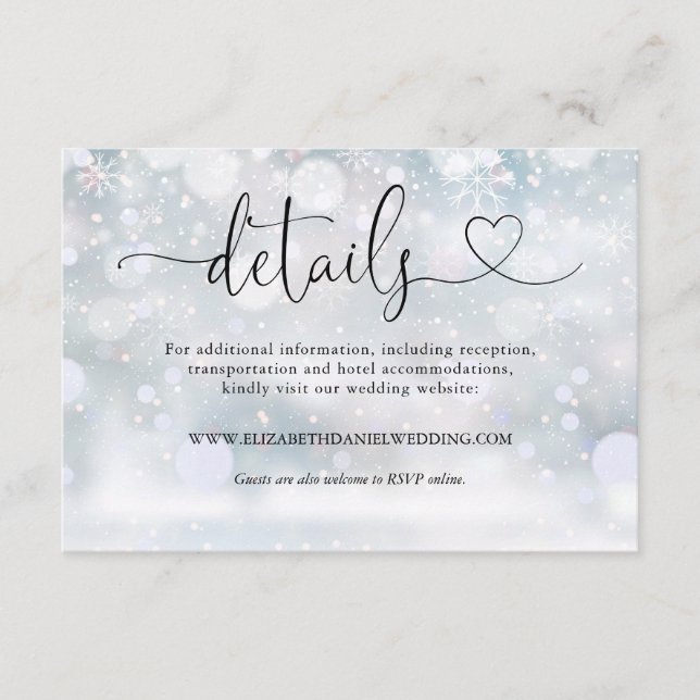 Winter Snowflakes Heart Script Wedding Details Enclosure Card (Front)