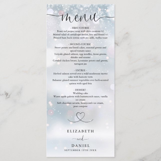 Winter Snowflakes Heart Script Wedding Dinner Menu (Front)