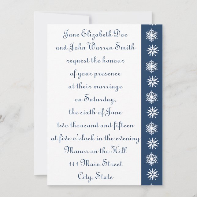 Winter Snowflakes in Navy Wedding Invitation (Front)
