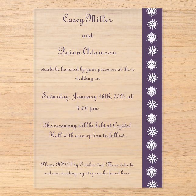 Winter Snowflakes in Purple Acrylic Wedding  Invitations (Front)