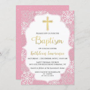 Winter Snowflakes Light Pink Gold Girl Baptism Invitation