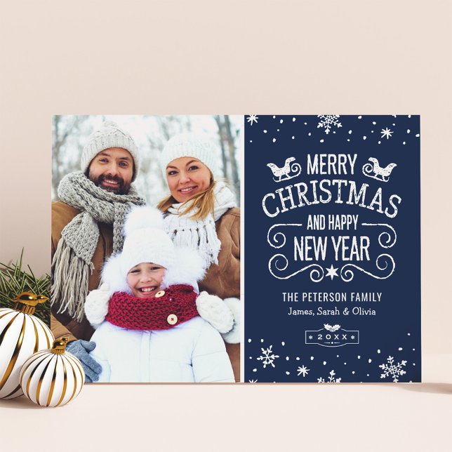 Winter Snowflakes Navy Blue Merry Christmas Photo Holiday Card (Creator Uploaded)