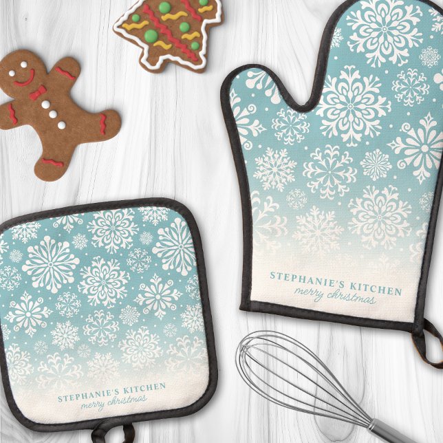 Winter Snowflakes on Blue Cute Ombre Christmas Oven Mitt & Pot Holder Set (Creator Uploaded)