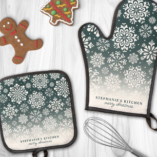 Winter Snowflakes on Dark Green Ombre Christmas Oven Mitt & Pot Holder Set