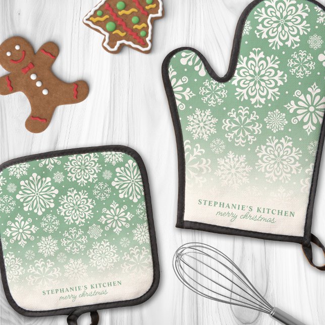 Winter Snowflakes on Green Cute Ombre Christmas Oven Mitt & Pot Holder Set (Creator Uploaded)