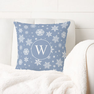 Winter Snowflakes on Light Blue Monogram  Cushion