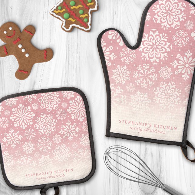 Winter Snowflakes on Pink Cute Ombre Christmas Oven Mitt & Pot Holder Set (Creator Uploaded)
