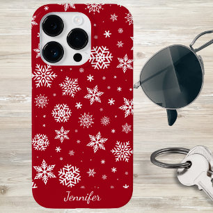 Winter Snowflakes on Red Monogram Case-Mate iPhone 14 Pro Case