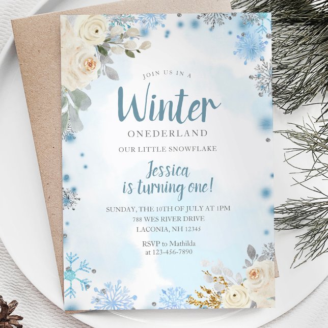 Winter Snowflakes Onederland 1st birthday Floral Invitation (Creator Uploaded)