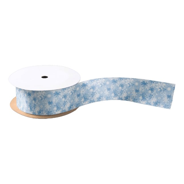 Winter snowflakes pattern on blue satin ribbon (Spool)