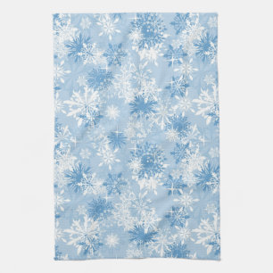 Winter snowflakes pattern on blue tea towel