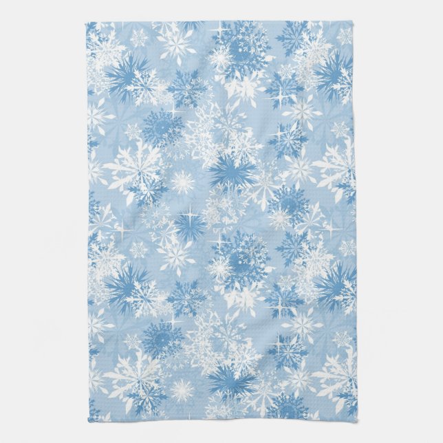 Winter snowflakes pattern on blue tea towel (Vertical)