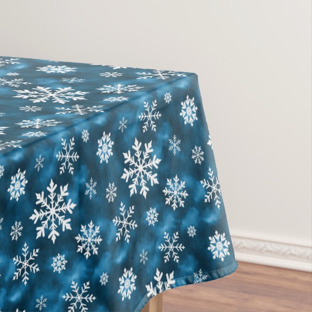 Winter Snowflakes Pattern On Cool Abstract Blue Tablecloth (In Situ)