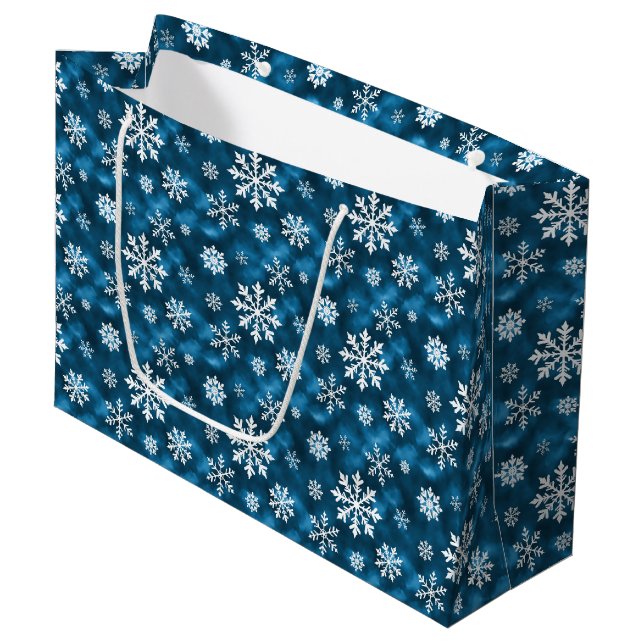 Winter Snowflakes Pattern On Icy Cool Blue Large Gift Bag (Front Angled)