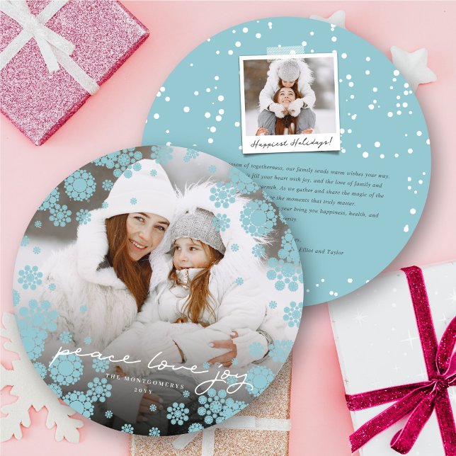 Winter Snowflakes Peace Love Joy Elegant Photo Holiday Card (Creator Uploaded)
