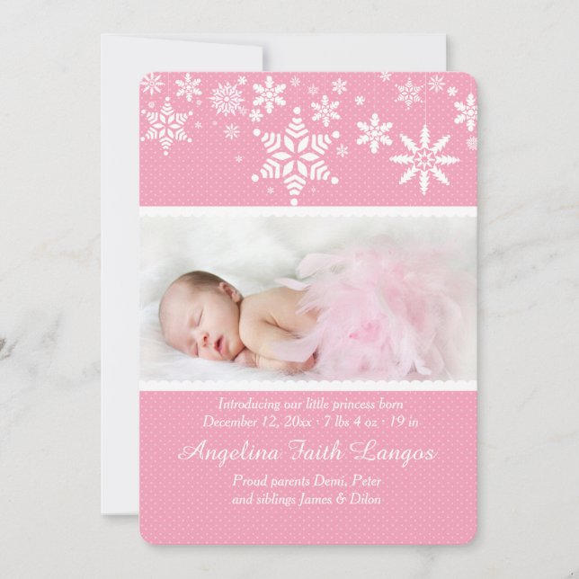 Winter Snowflakes Pink Birth Announcement (Front)