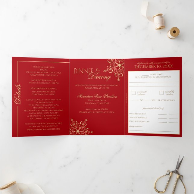 Winter Snowflakes Red and Gold Sparkle Tri-Fo Tri-Fold Card (Inside)