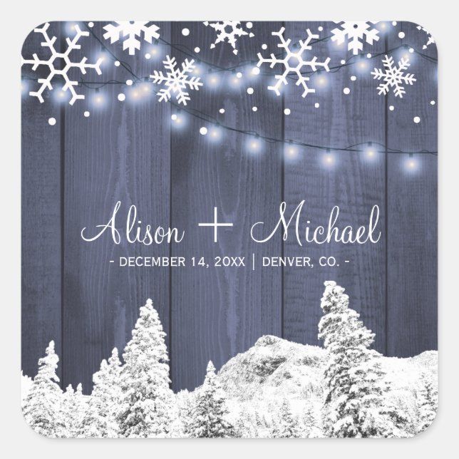 Winter snowflakes rustic barn wood hearts wedding square sticker (Front)