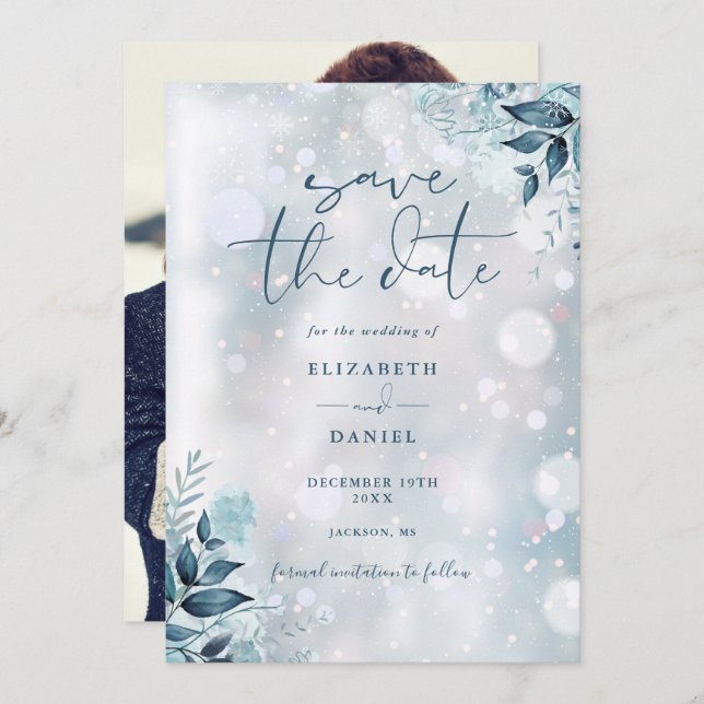 Winter Snowflakes Rustic Floral Photo Wedding Save The Date (Front/Back)